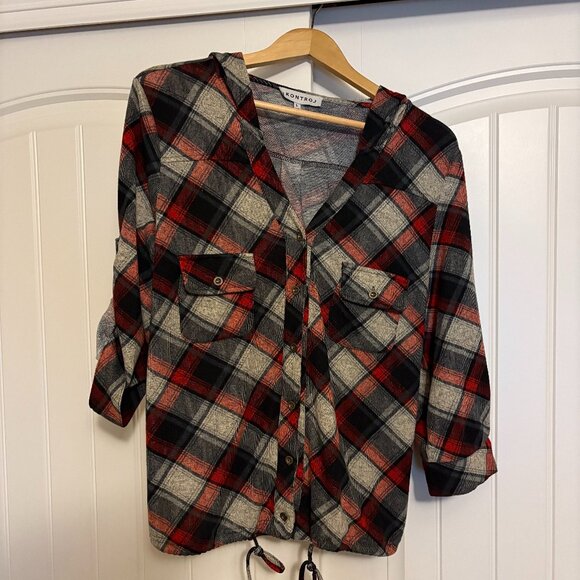 Kontrol Plaid Button Front Top Large Hooded Roll Tab Sleeves Red Gray Plaid - Picture 1 of 3